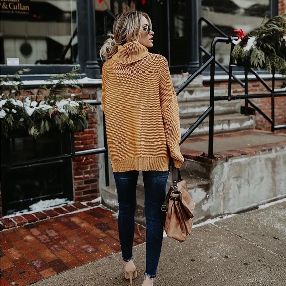 Bohemian Mustard Tan Knit Turtleneck Cozy Pullover Rib Winter Trendy Sweater - Picture 3 of 8